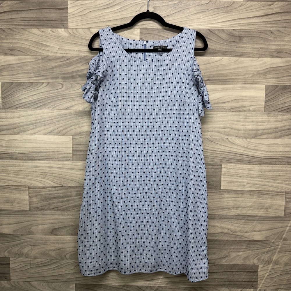 Sam And Jess Shift Dress Womens L (M) Blue Cotton Polka Dot Cold Shoulder Sleeve
